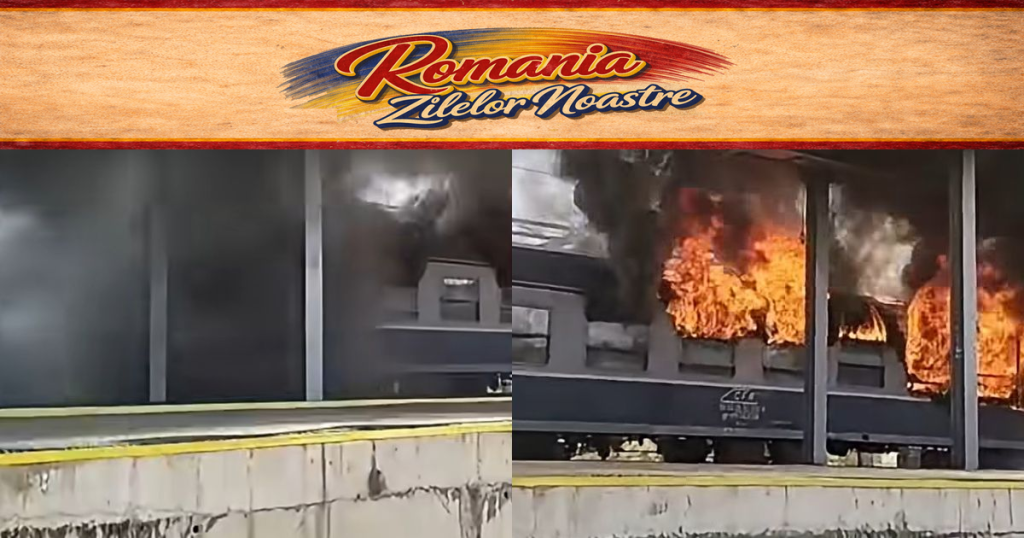 Incendiu în gara Ilteu din județul Arad! Un vagon al unui tren de călători a fost cuprins de flăcări
